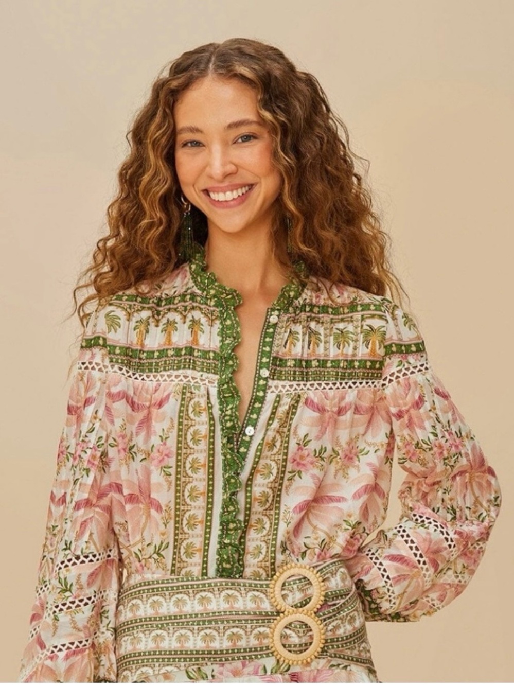 Farm Rio Off-White Palm Dream Blouse XS NWOT Tropical Vacation Resort Wear - Picture 3 of 7